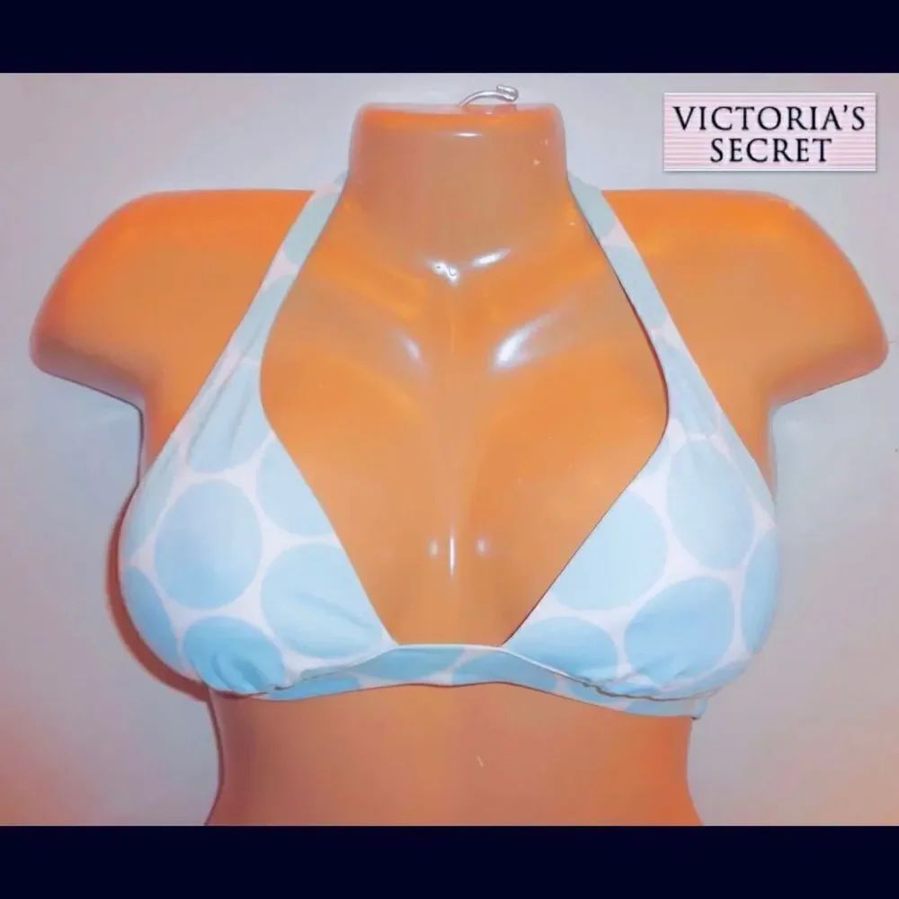 NWT XS VS Vintage Halter Removable Push Up Pads Blue White Polka Dots Bikini Top